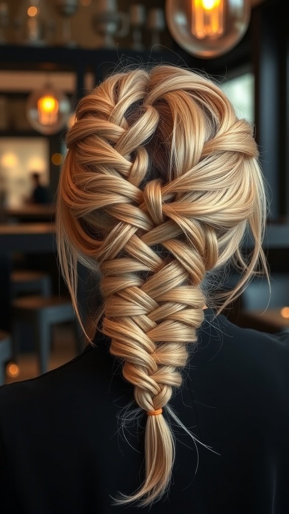 A close-up view of champagne blonde knotless braids styled elegantly.
