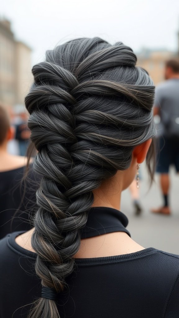 A close-up view of charcoal gray knotless braids styled in a beautiful braid.