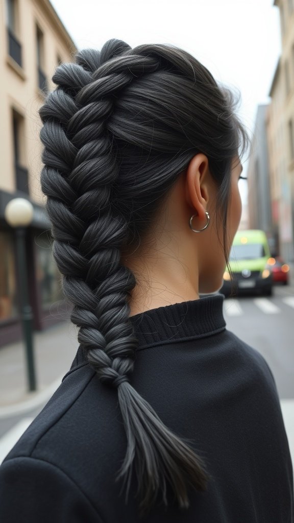 A woman with charcoal grey knotless braids styled in a sleek braid, showcasing a modern and elegant hairstyle.