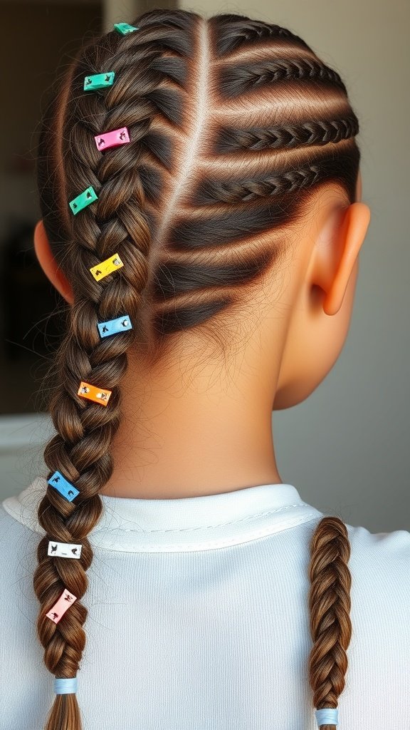 A close-up of colorful clips in boho knotless braids.