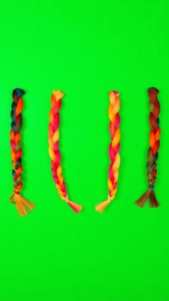 Colorful braids in various styles on a bright green background