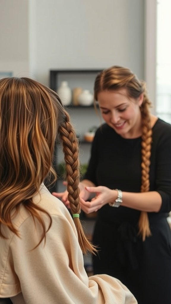 A stylist working on a client's brown knotless braids in a cozy salon setting.