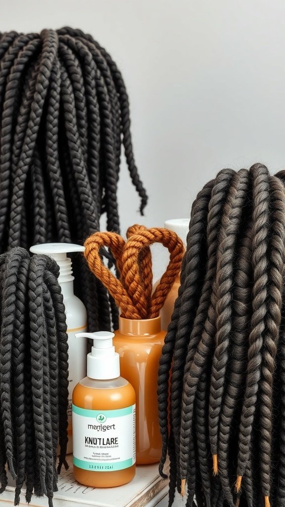 Image featuring various types of braiding hair and a hair product for knotless braids.