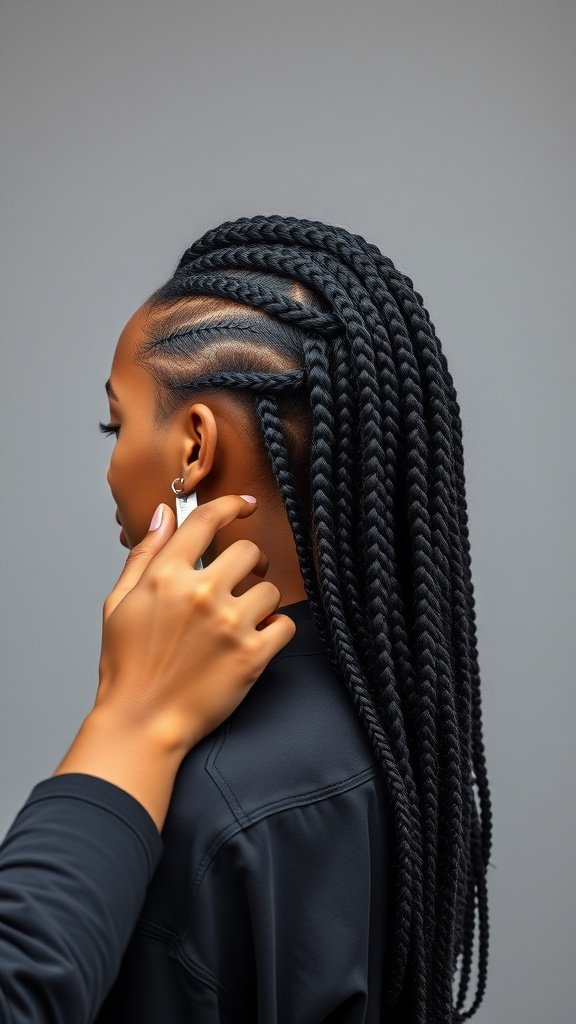 A close-up of a woman's head showcasing medium knotless box braids, styled elegantly with a hand gently touching her face.