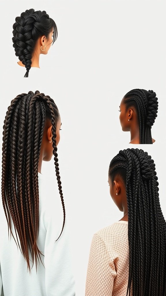 A collage of medium boho knotless braids showcasing different lengths and styles.