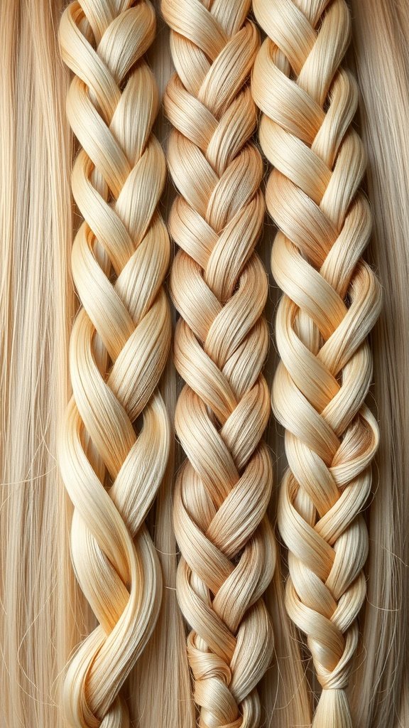 Different shades of blonde knotless box braids displayed in a row.