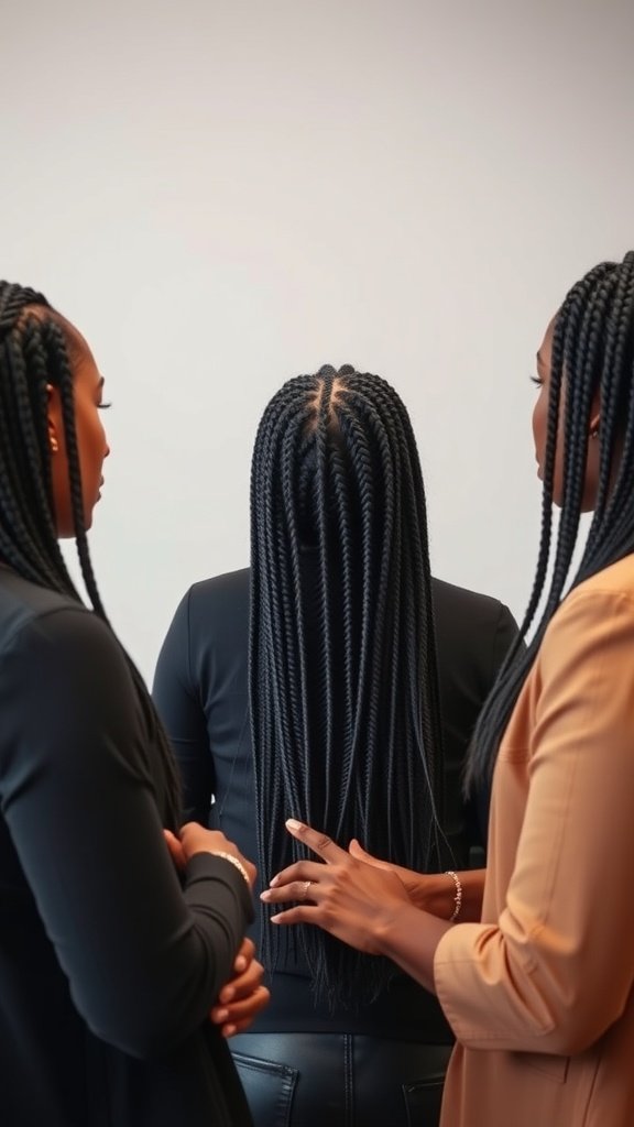 Three women discussing knotless box braids, showcasing a long braid style.