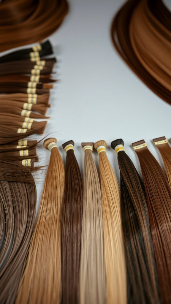 A variety of brown hair extensions in different shades for knotless braids.