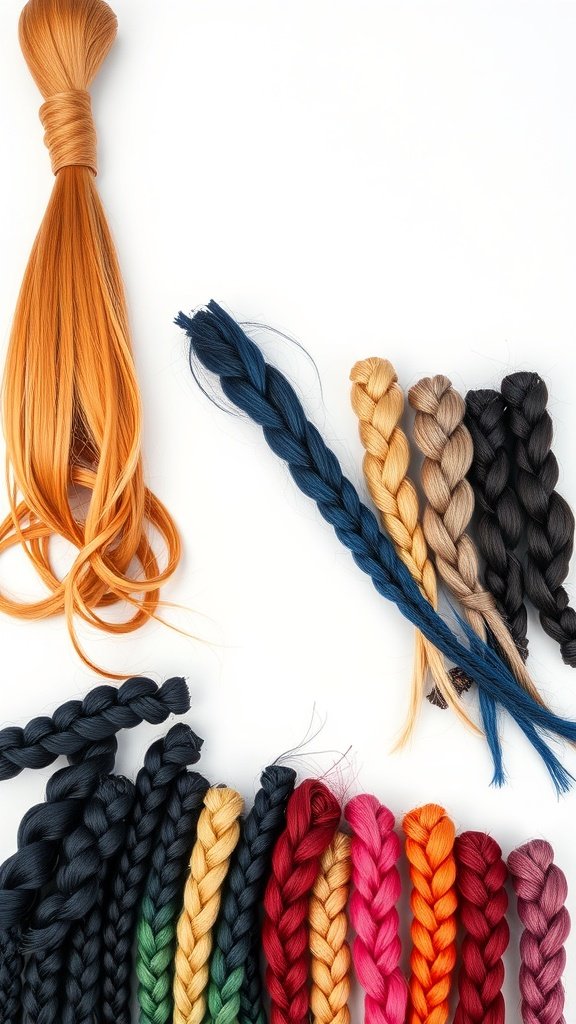 A variety of colorful hair extensions for braiding, including shades of orange, blue, and pink.