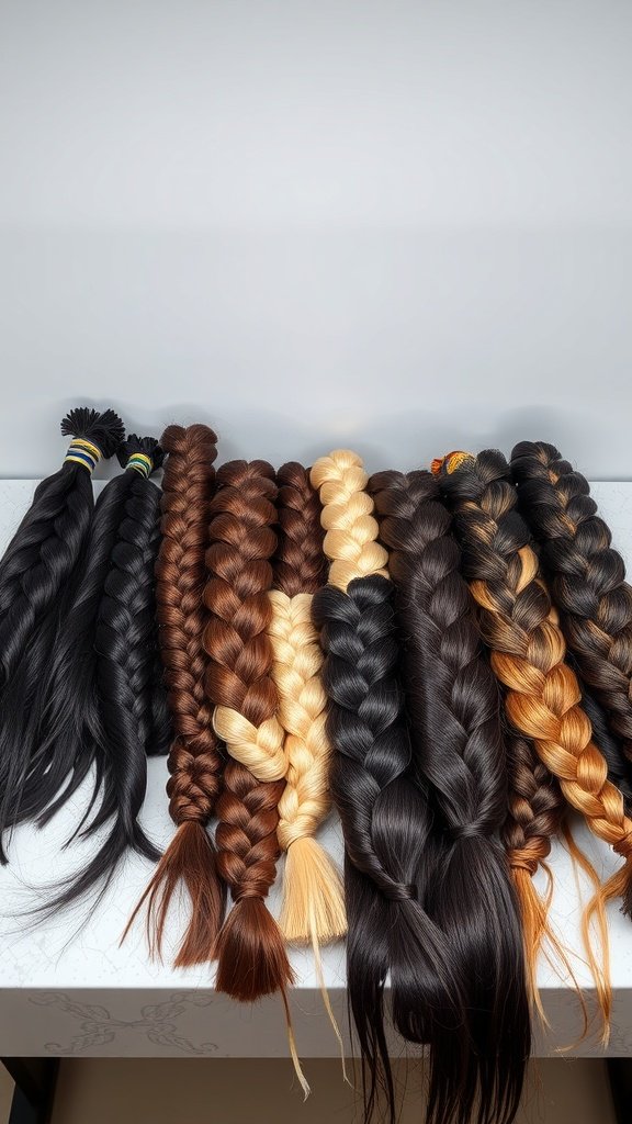 A variety of hair extensions in different colors and styles, perfect for creating medium boho knotless braids.