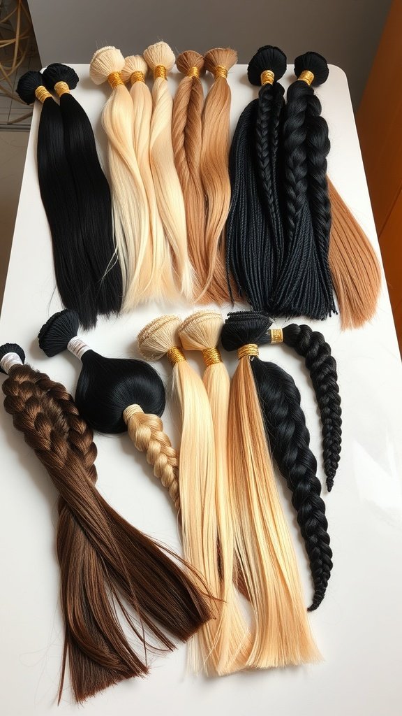 Various types of hair extensions for braiding, showcasing different colors and styles.