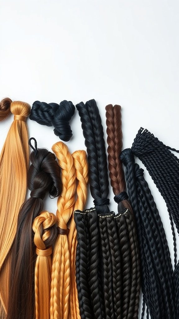 A variety of hair extensions in different colors and styles, suitable for knotless box braids.