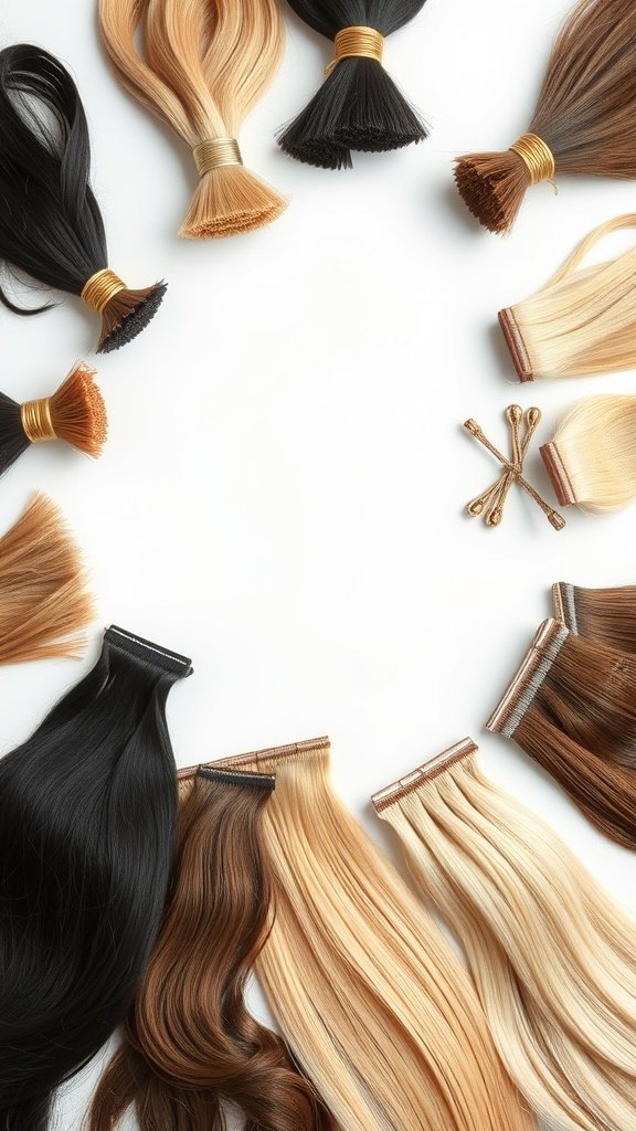 A variety of hair extensions in different colors and textures arranged in a circular pattern.