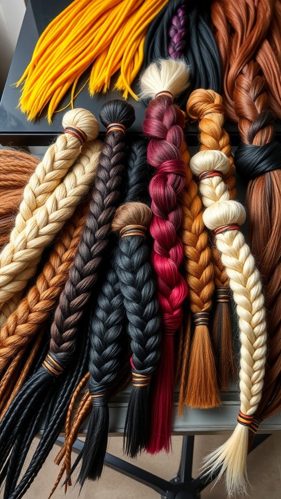 A variety of braided hair extensions in different colors and styles, showcasing options for boho knotless braids.
