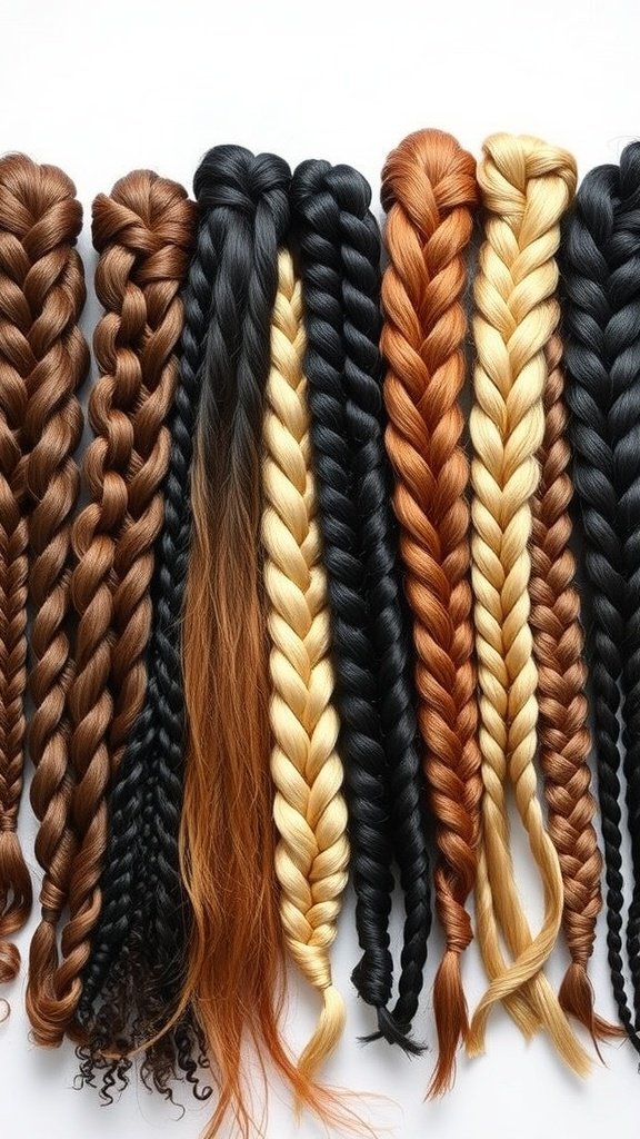A variety of hair extensions in different colors and styles, showcasing various braid options.