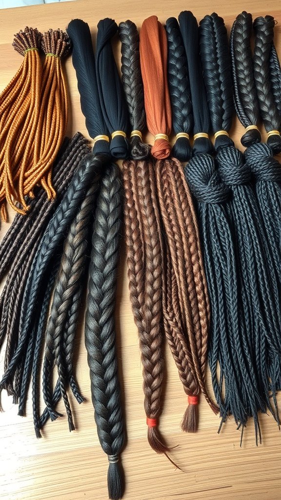 Variety of braiding hair in different colors and textures for knotless box braids.