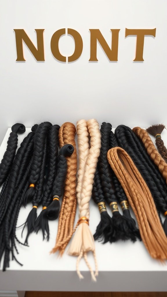 A variety of hair extensions in different colors and styles for braiding.