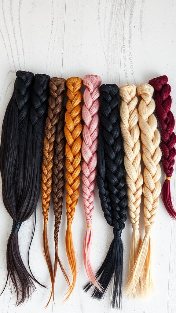 A variety of braided hair extensions in different colors and styles, showcasing options for boho knotless braids.