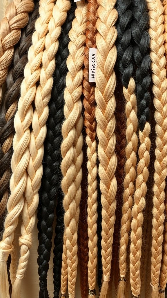 A variety of braided hair extensions in different shades including blonde, brown, and black.