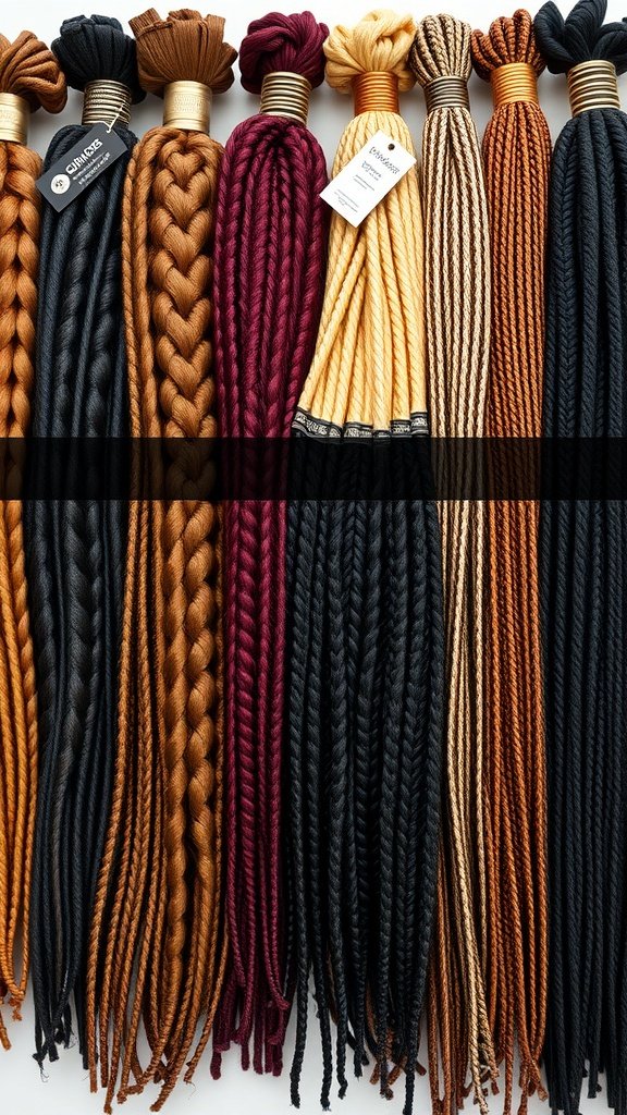 A variety of braiding hair colors displayed, including blonde and dark shades, perfect for creating knotless box braids.