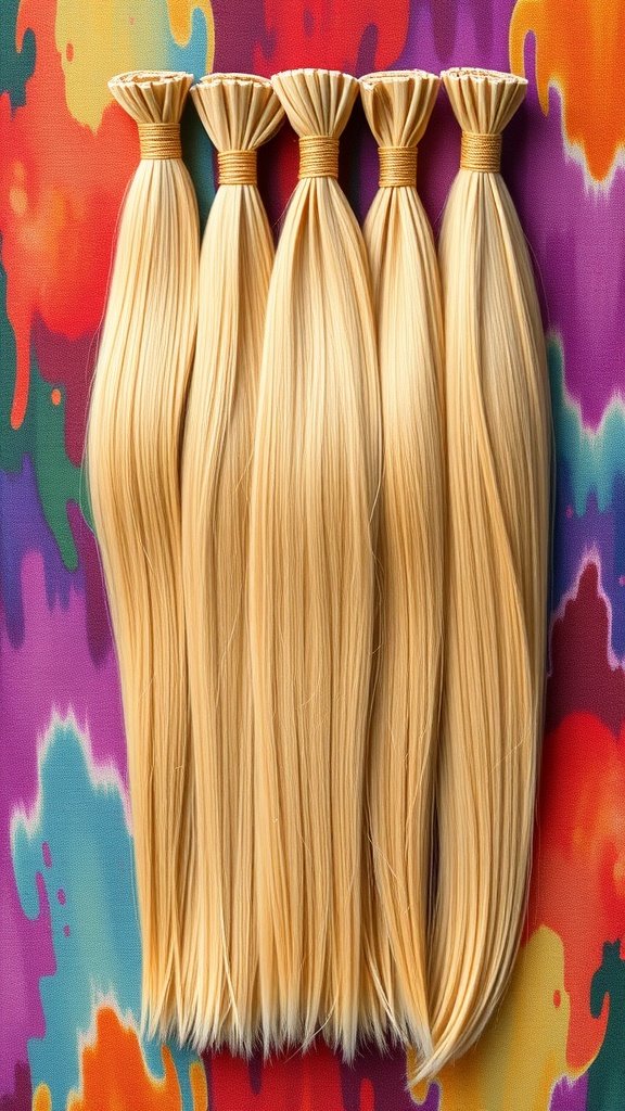 Five bundles of honey blonde hair extensions arranged neatly on a colorful background.