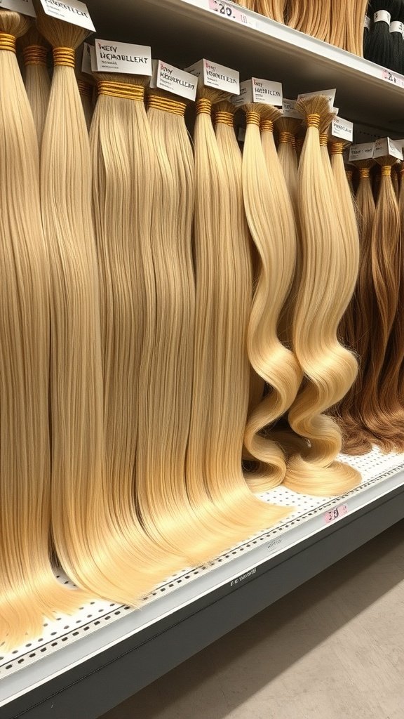 A variety of blonde hair extensions displayed in a store, showcasing different textures and shades.