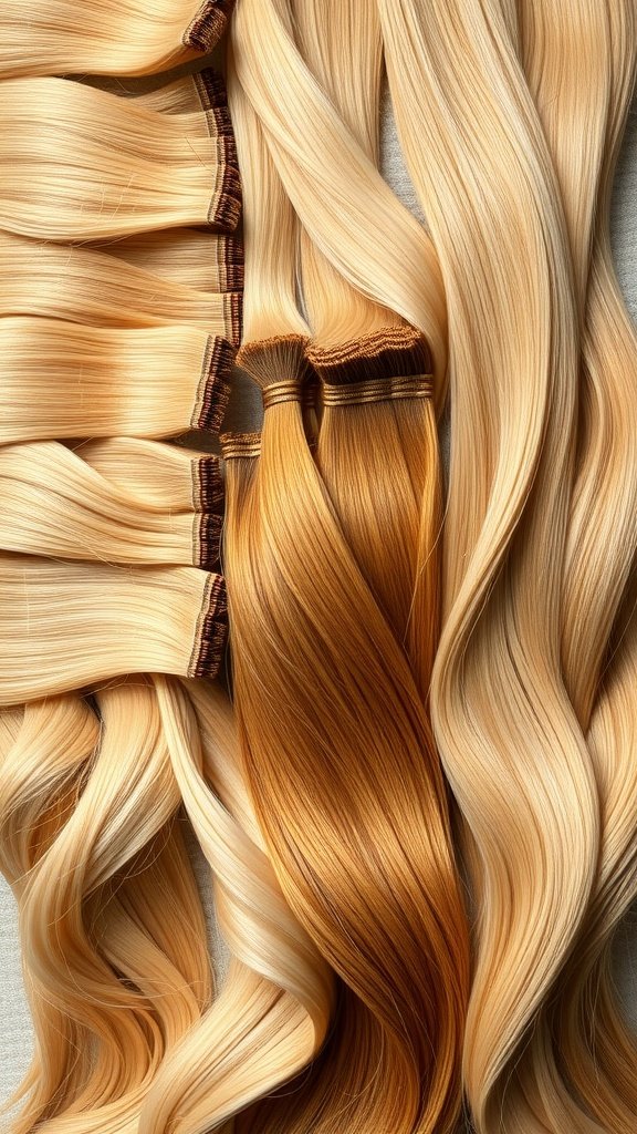 An assortment of honey blonde hair extensions laid out, showcasing different shades and textures.