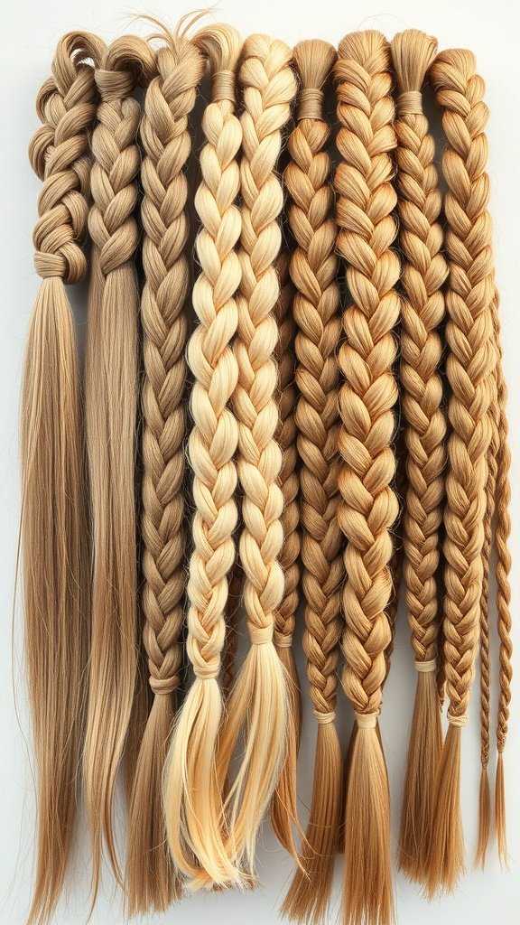 Various shades of honey blonde braids displayed in a row, showcasing different styles and lengths.