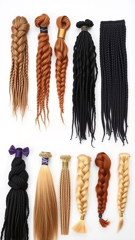 A variety of hair extensions in different colors and styles, showcasing options for braiding.