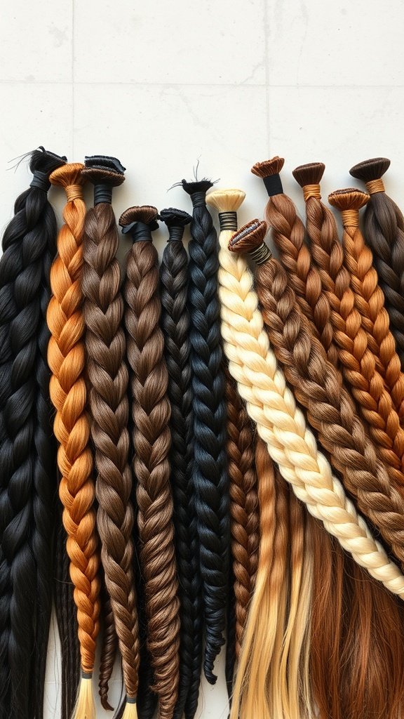 A variety of braided hair extensions in different colors and textures.