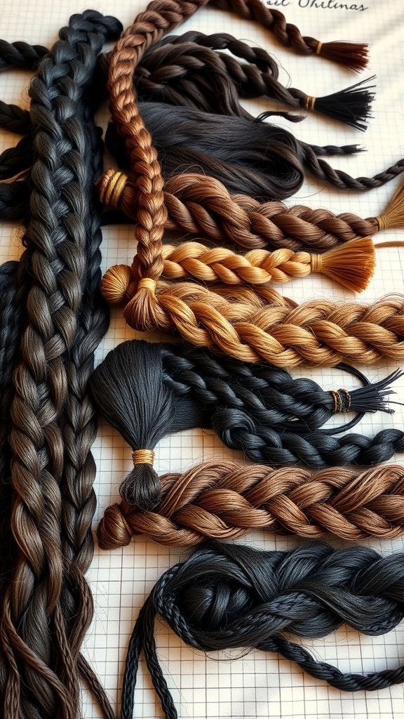 A variety of braided hair extensions in different colors and styles, showcasing options for jumbo boho knotless braids.