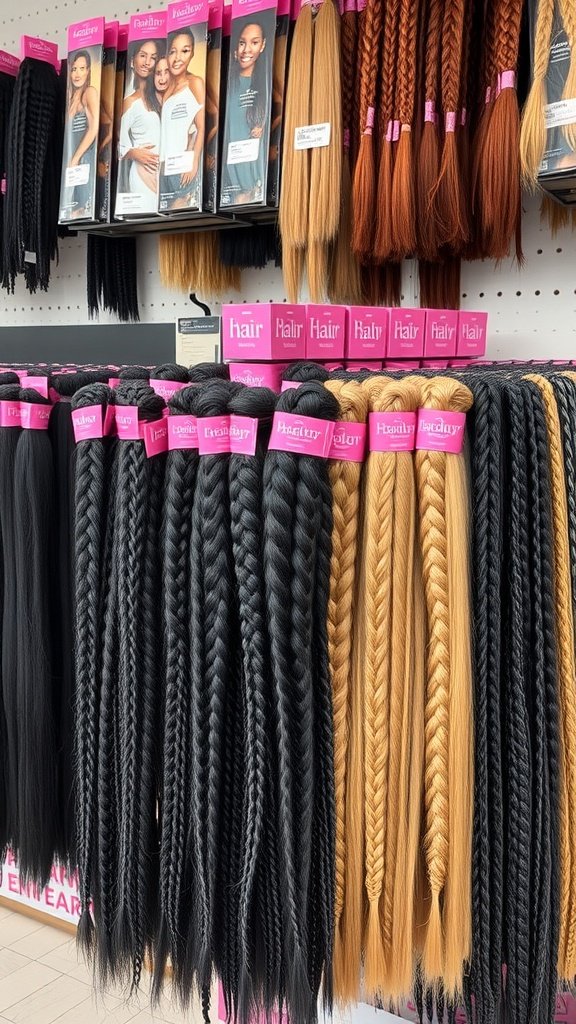 A display of various hair extensions suitable for braiding, showcasing different colors and styles.