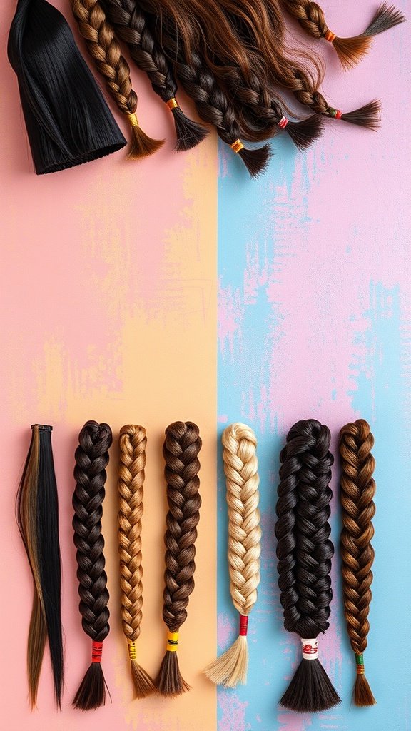 A variety of hair extensions in different colors and styles, including braids and loose strands, displayed on a colorful background.