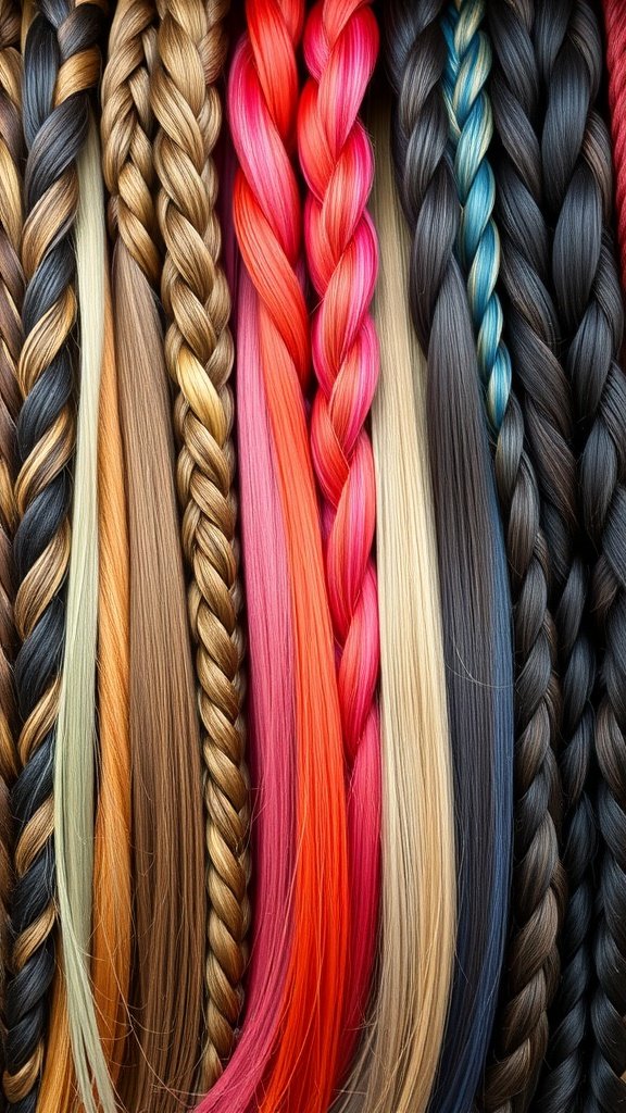 A variety of braided hair in different colors and styles, showcasing options for large knotless braids.
