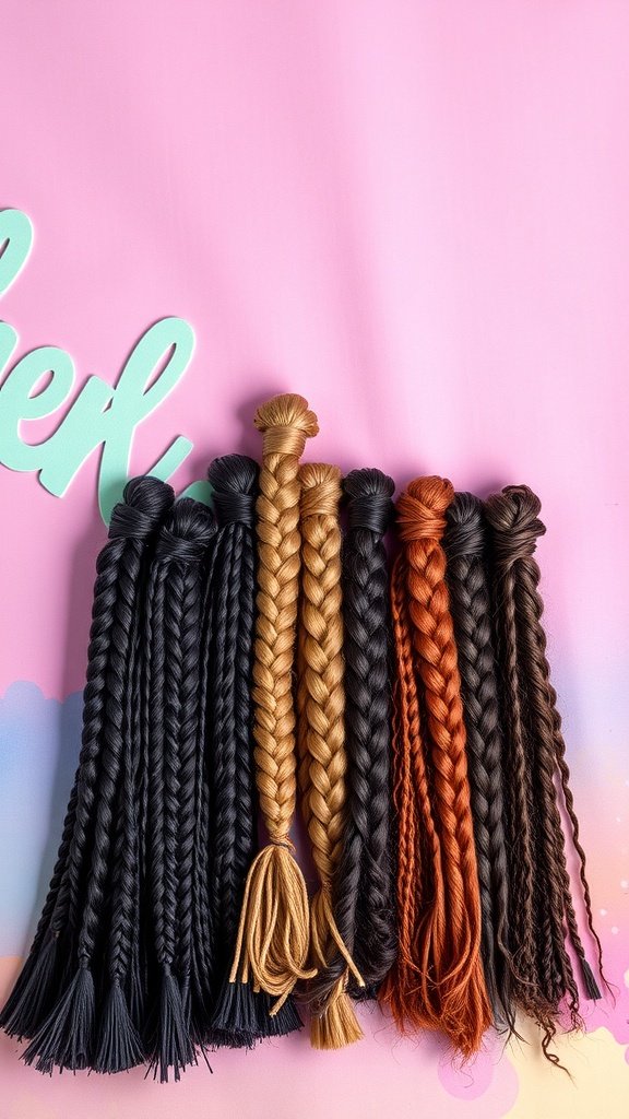 A variety of braided hair extensions in different colors displayed against a pink background.