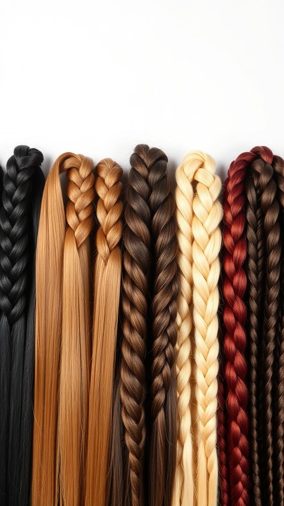 A variety of braided hair in different colors and textures for knotless braids.