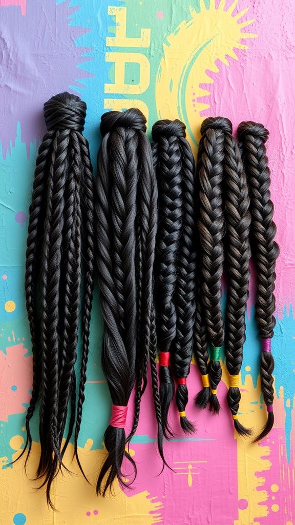 Different styles of knotless braids displayed on a colorful background