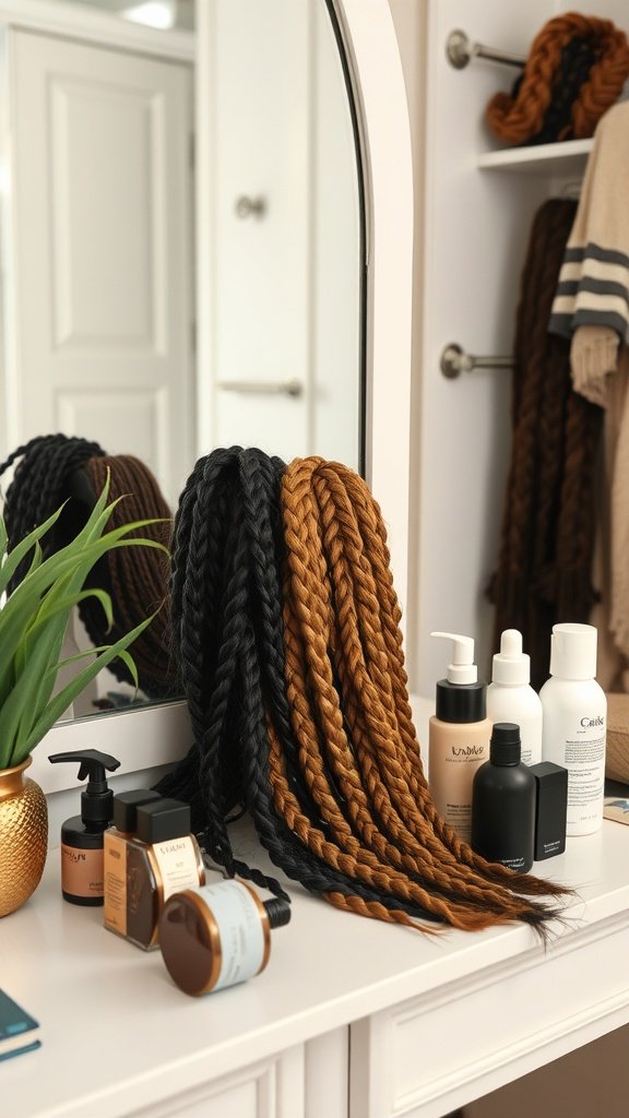 A collection of hair products next to beautiful braided hairstyles, showcasing the importance of hair care for braids.