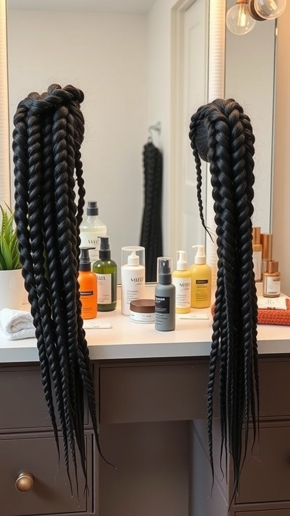 A vanity with two long knotless braids displayed, surrounded by various hair care products.