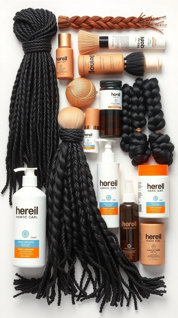 A collection of hair products including braiding hair, conditioners, and styling gels for creating lemonade braids with knotless techniques.