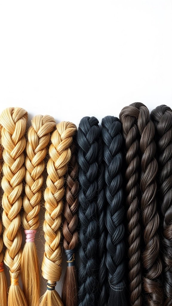 A variety of braided hair options in different colors and textures, showcasing styles for knotless braids.