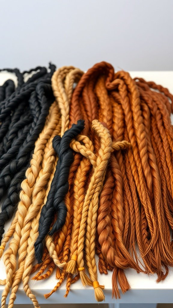 A variety of braided hair extensions in different colors, showcasing options for boho knotless braids bob.