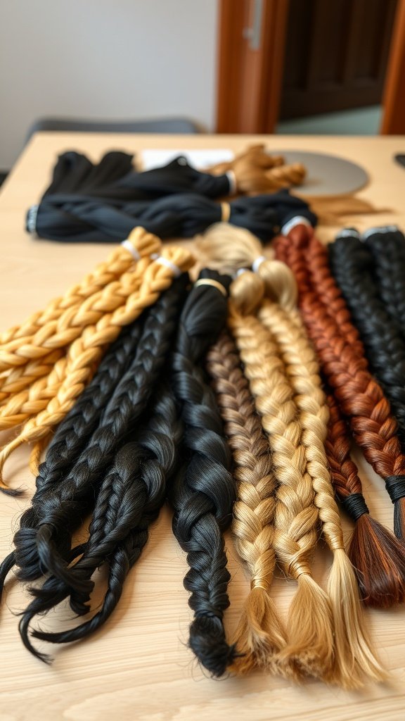 A variety of braided hair options in different colors and textures laid out on a table.