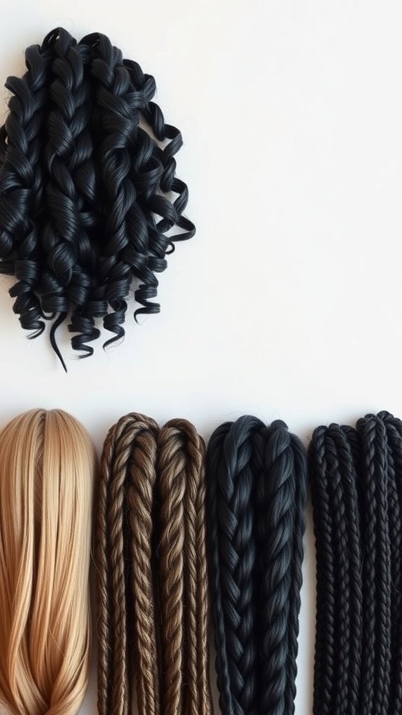 A variety of hair types and styles including knotless braids with curly ends, showcasing different colors and textures.