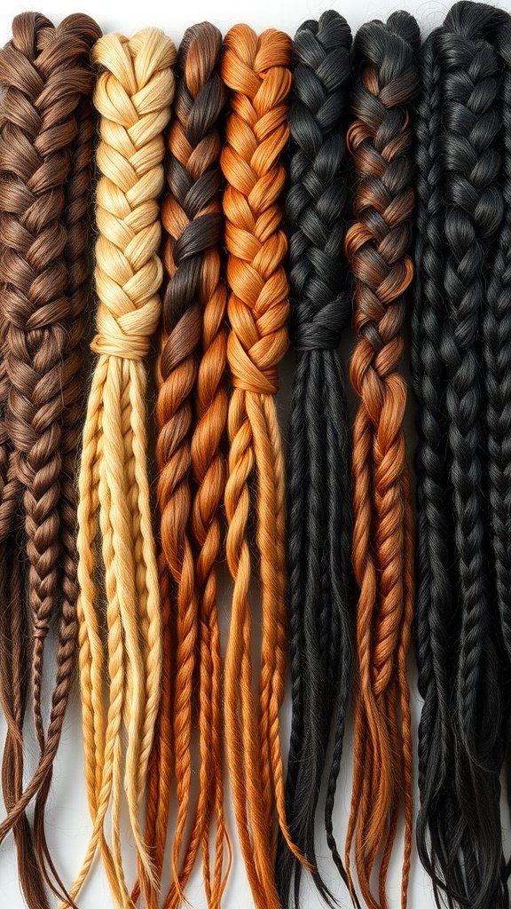 A variety of braided hair types in different colors and textures, showcasing options for knotless braids.