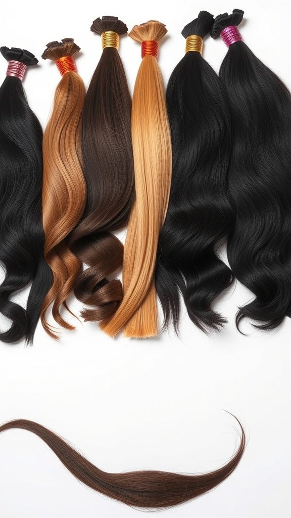 A variety of hair extensions in different colors and textures for braiding.