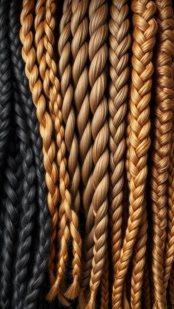 A variety of braided hair in different shades, including honey brown and blonde.