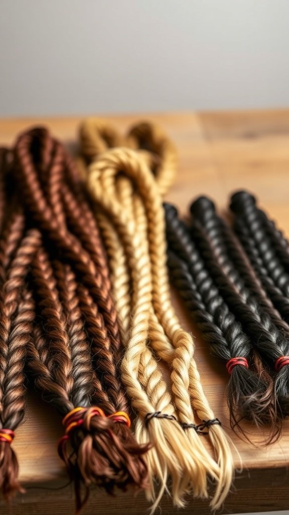 Different types of braided hair extensions in various colors and styles for XS knotless braids.