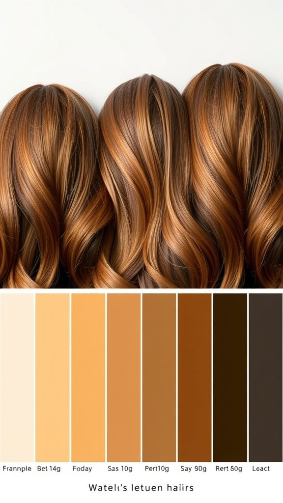 A gradient of honey brown hair shades ranging from light to dark, showcasing different tones for braiding.