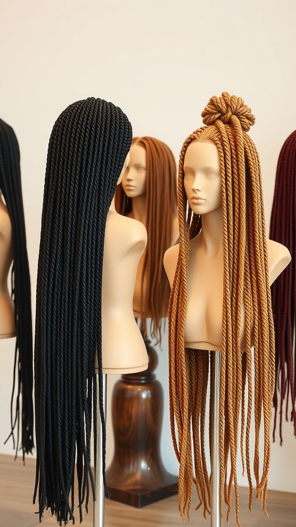 Different lengths of jumbo knotless box braids displayed on mannequins.